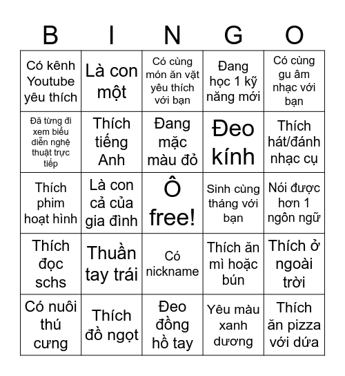 Tìm ai đó Bingo Card