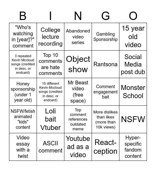Youtube Bingo Card