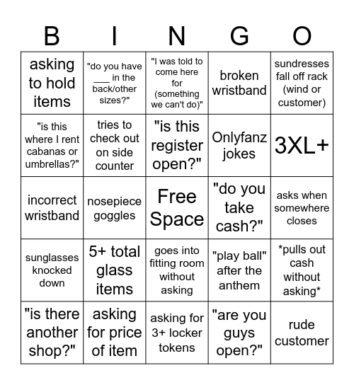 Swim Shop Bingo Card