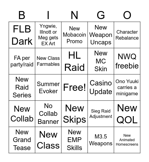 GBF Summer 2025 Bingo Card