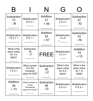 Math Review Bingo Card