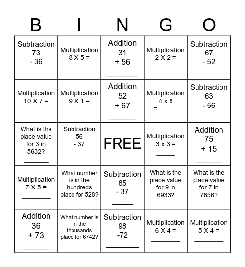 Math Review Bingo Card