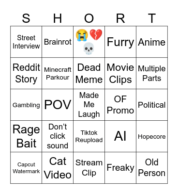 Youtube Shorts Bingo Card
