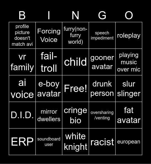VRChat Trolling Bingo dark mode Bingo Card