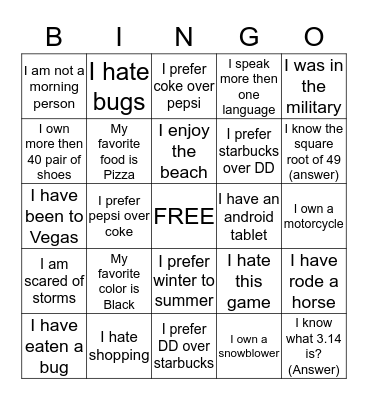 Getting to Know us! Bingo Card