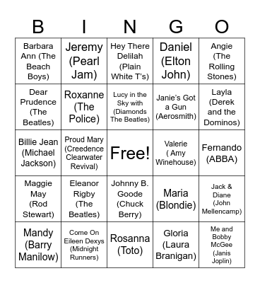 Songs with a name in the title Bingo Card