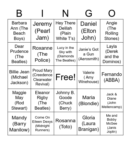 Songs with a name in the title Bingo Card