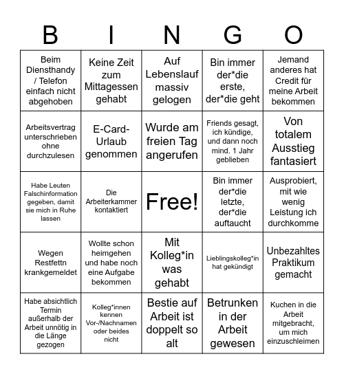 Arbeits Bingo Card