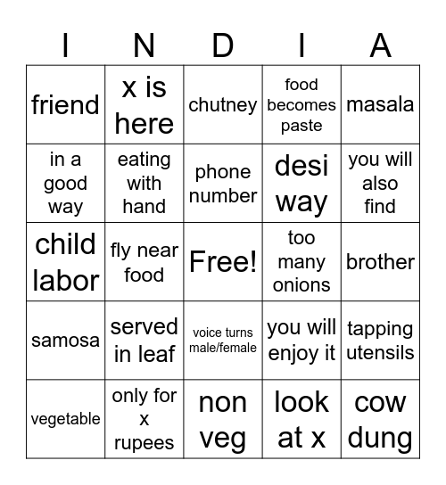 indian food autodub bingo Card