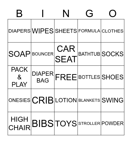 Jessica's Baby Shower Bingo Card