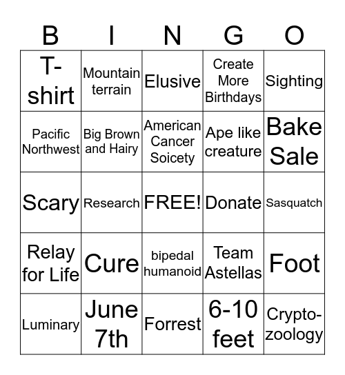 Big Foot Bingo  Bingo Card