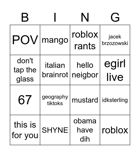Tiktok Bingo Card