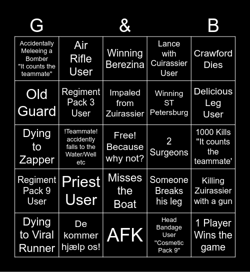 Guts & Blackpowder Bingo! ''Hard'' Bingo Card