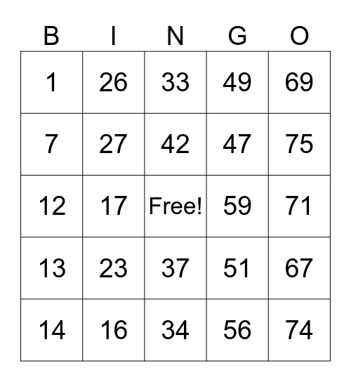 Number Bingo 1-75 Bingo Card