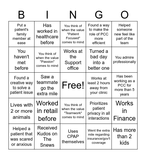 Resolve PCC Team Member Bingo Card