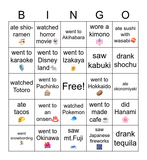 〜ことがありますか？ Bingo Card