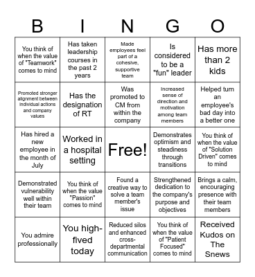 Resolve Clinic Manager Bingo Card
