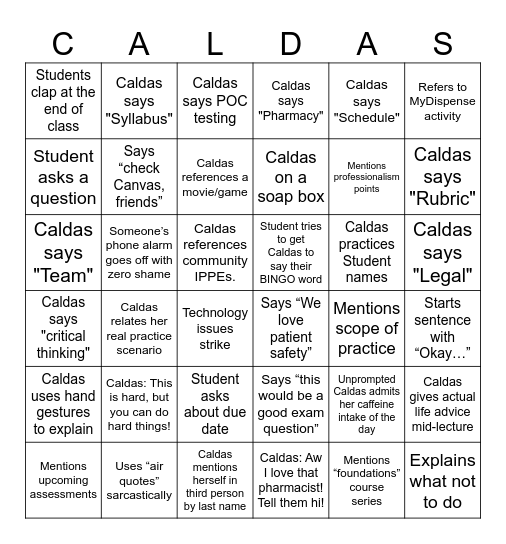 CALDAS Bingo  (PHAR523 Only) Bingo Card