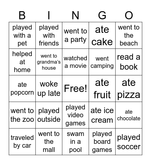 Vacation Bingo Card