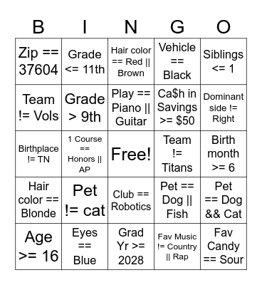 APCSP Boolean Bingo Card