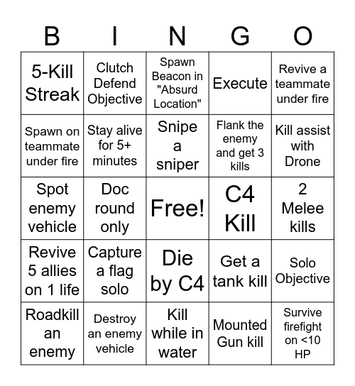 Delta Force Warfare Bingo Card