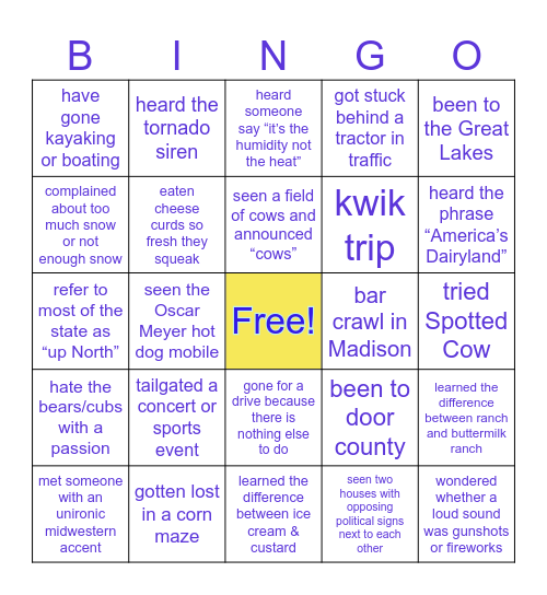 Wisconsin Bingo Card