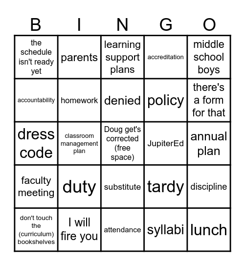 GCA In-Service Bingo Card