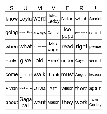 Summer School Bingo Card
