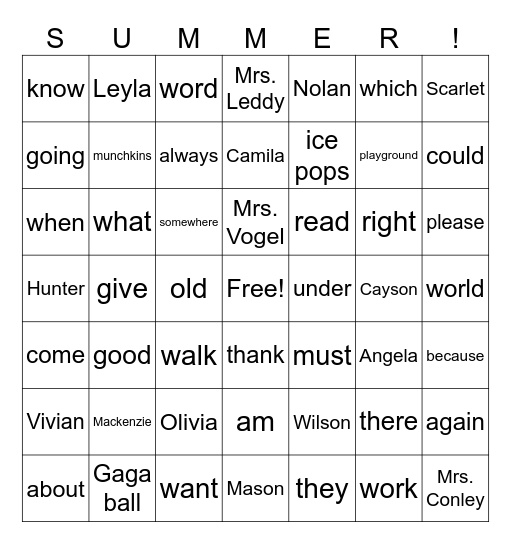 Summer School Bingo Card