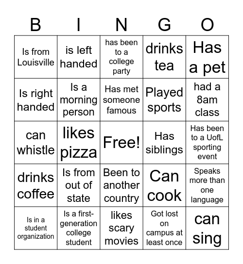 Getting to Know You! Bingo Card