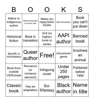Book Club Bingo Card