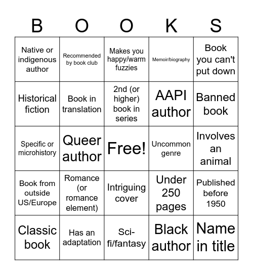 Book Club Bingo Card