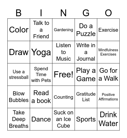 Coping Skills Bingo Card
