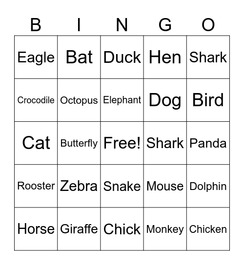 Animals Bingo Card