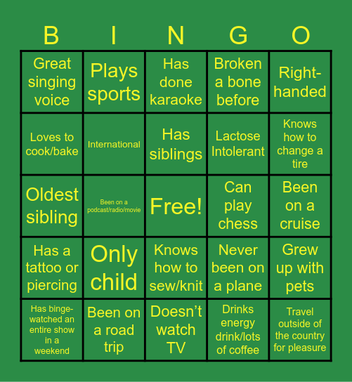 Lions Orientation Bingo Card