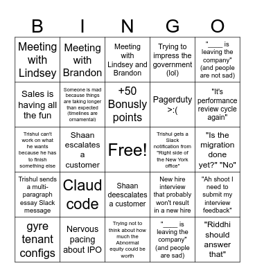 Trishul Work Lingo Bingo Card