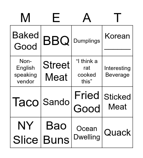 Filthy But Fun Culinary Delights Bingo Card