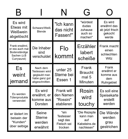 Rosins Restaurant Bingo Card