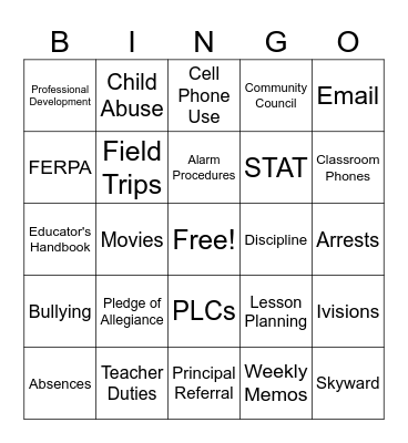 Teacher Handbook Bingo Card