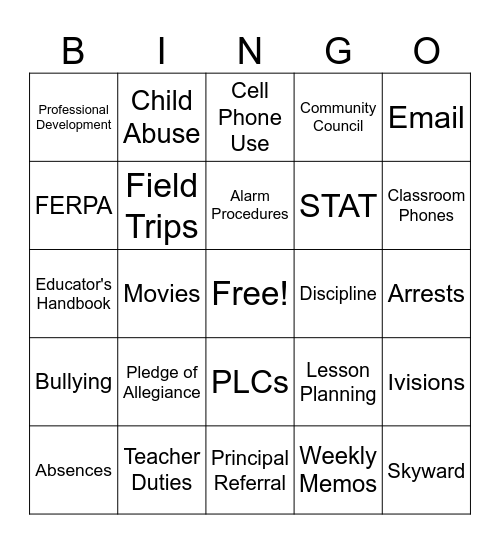Teacher Handbook Bingo Card