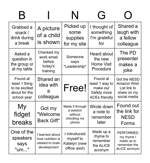NESD Pre-Service BINGO Card