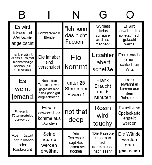 Rosins Restaurant Bingo Card