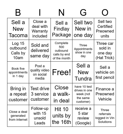 Findlay Toyota Prescott Bingo Card