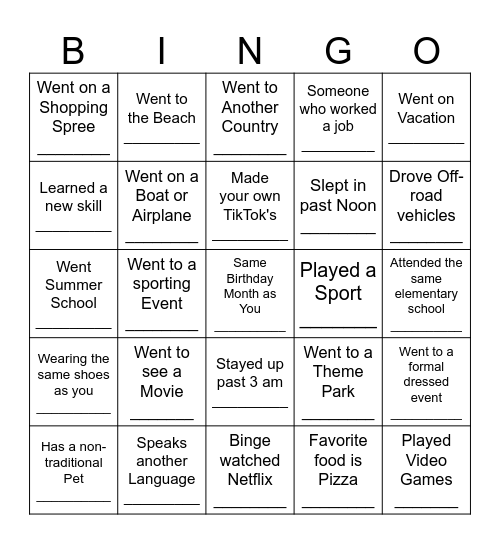 PE Bingo Card