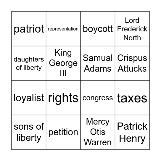 Events Leading to American Revolution Bingo Card