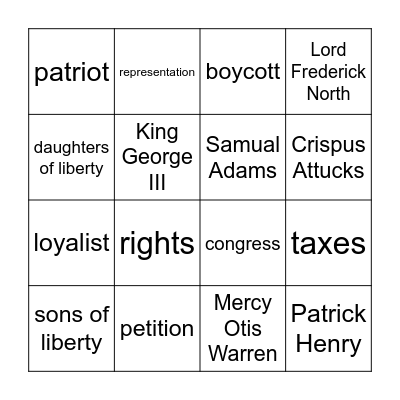 Events Leading to American Revolution Bingo Card