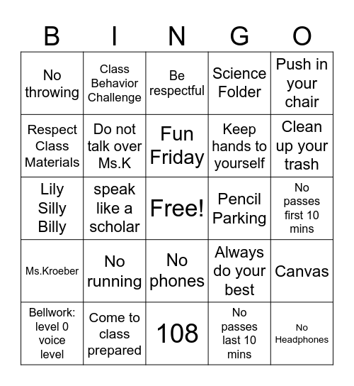 Class Expectation Bingo Card