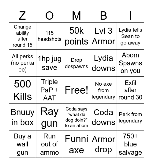 Forsaken Bingo Card