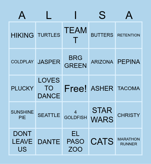 WE WILL MISS YOU ALISA Bingo Card