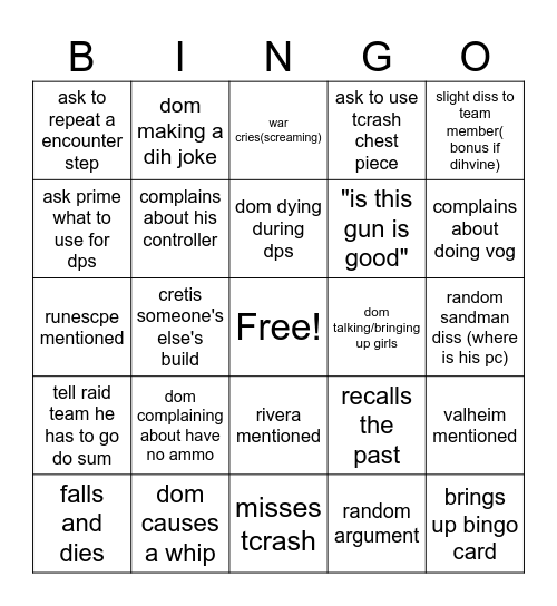 Dom Day 1 VOG Bingo Card